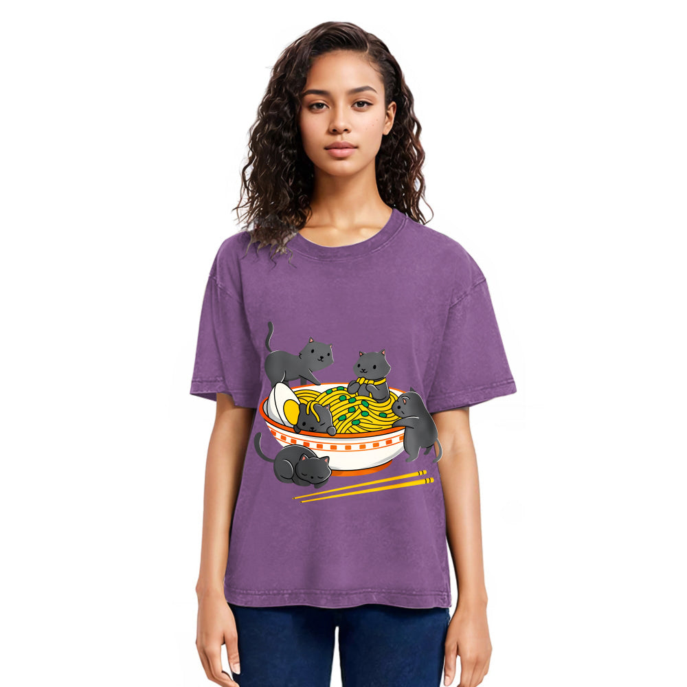 Tokyosol Kawaii Anime Cat Japanese Ramen Washed T Shirt