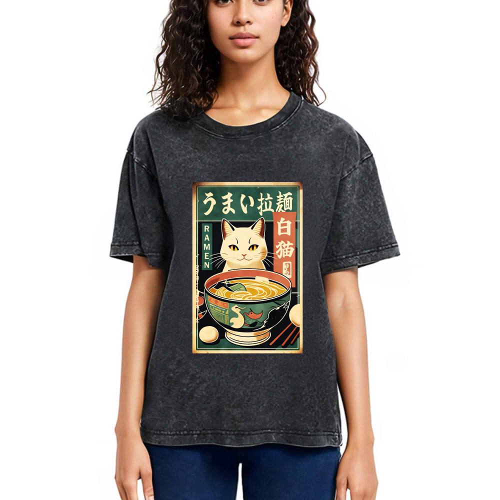 Tokyosol White Cat Eating Ramen Washed T Shirt