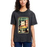 Tokyosol White Cat Eating Ramen Washed T Shirt