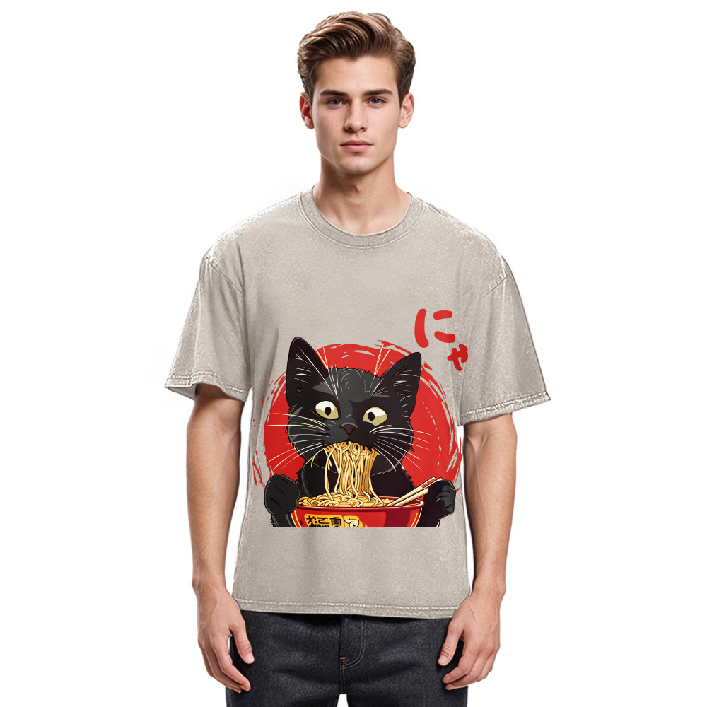 Tokyosol Japanese Ramen Black Cat Washed T Shirt
