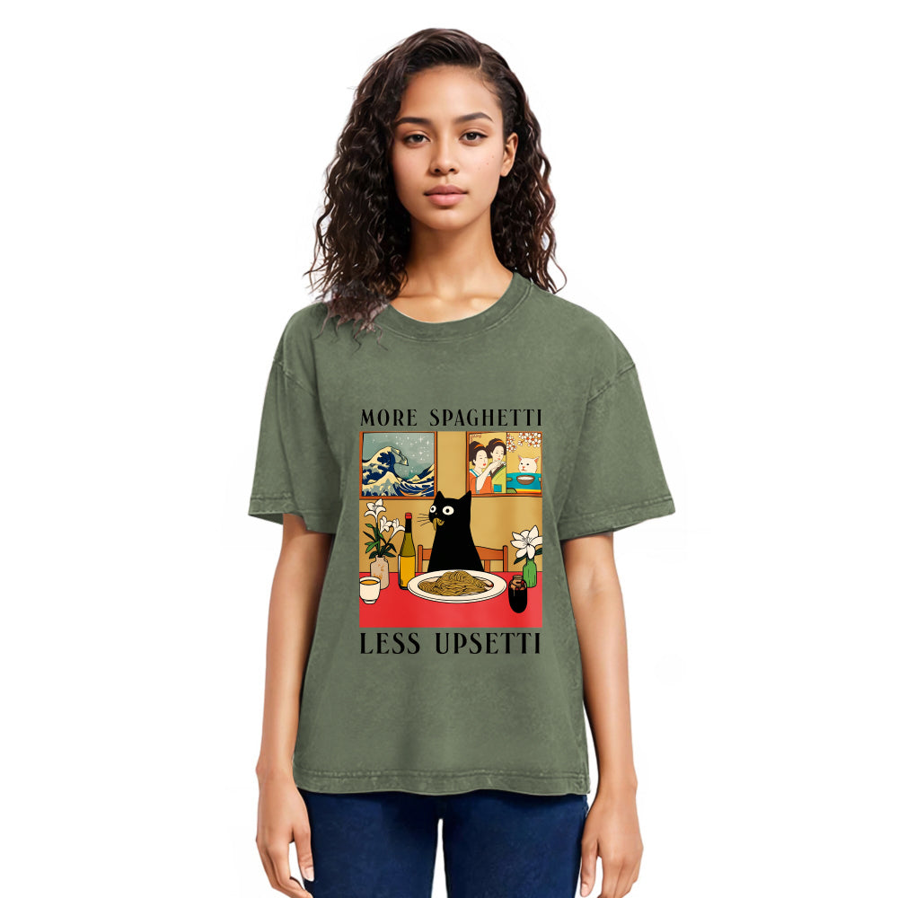 Tokyosol Cat Eating Pasta Washed T Shirt