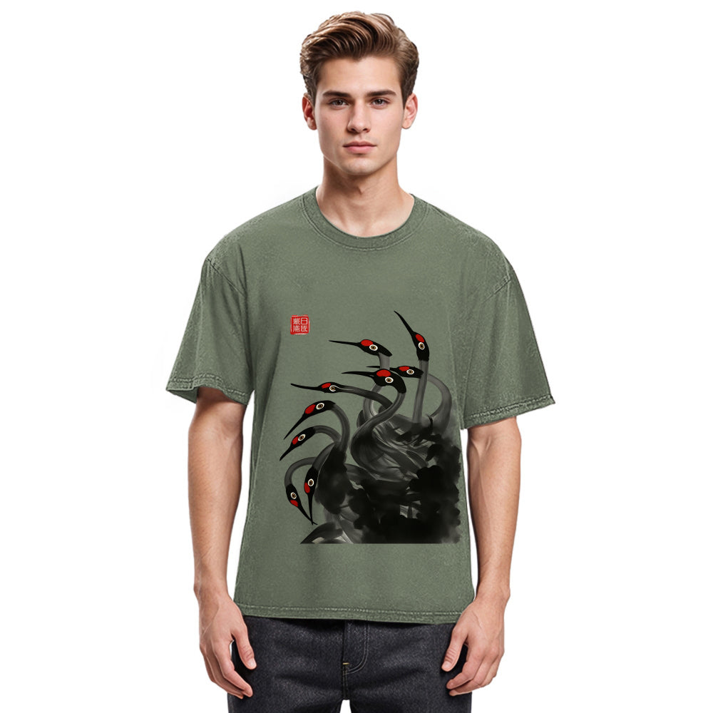Tokyosol Retro Red Crowned Crane Washed T Shirt