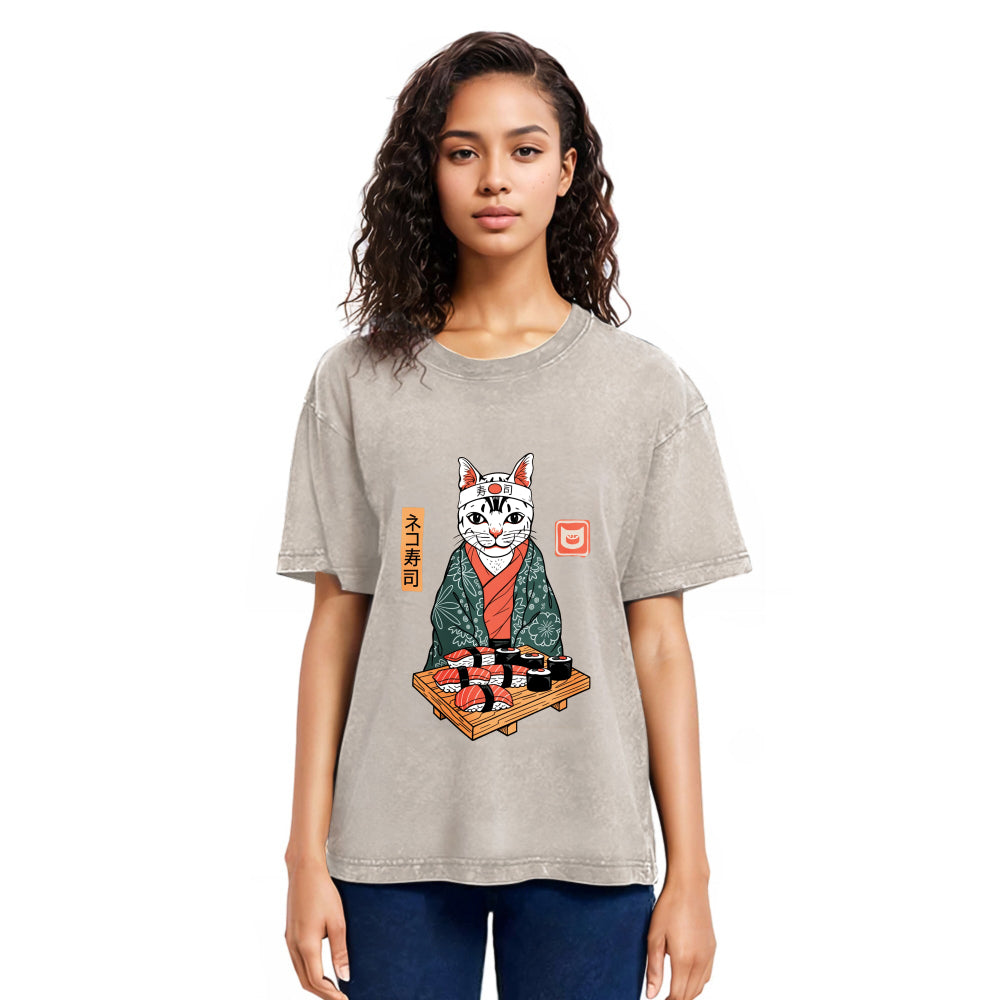 Tokyosol Neko Sushi Japan Culture Creative Washed T Shirt