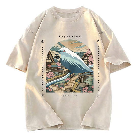 Tokyosol Retro Japan Culture Bird Washed T Shirt