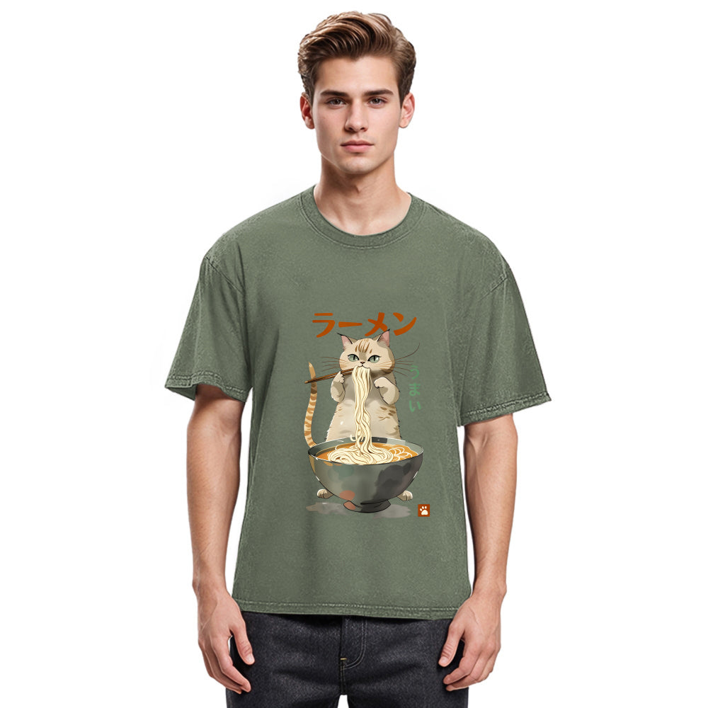 Tokyosol Cute Cat Eating Yummy Ramen Washed T Shirt