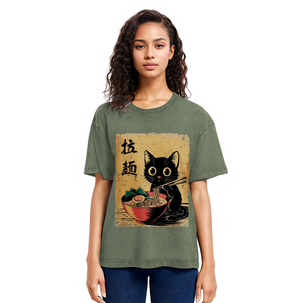 Tokyosol Retro Black Cat Eating Ramen Washed T Shirt