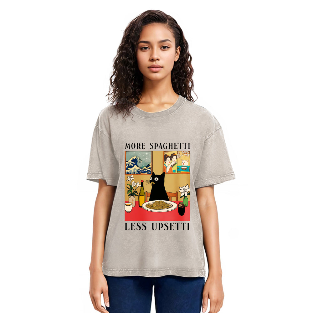 Tokyosol Cat Eating Pasta Washed T Shirt