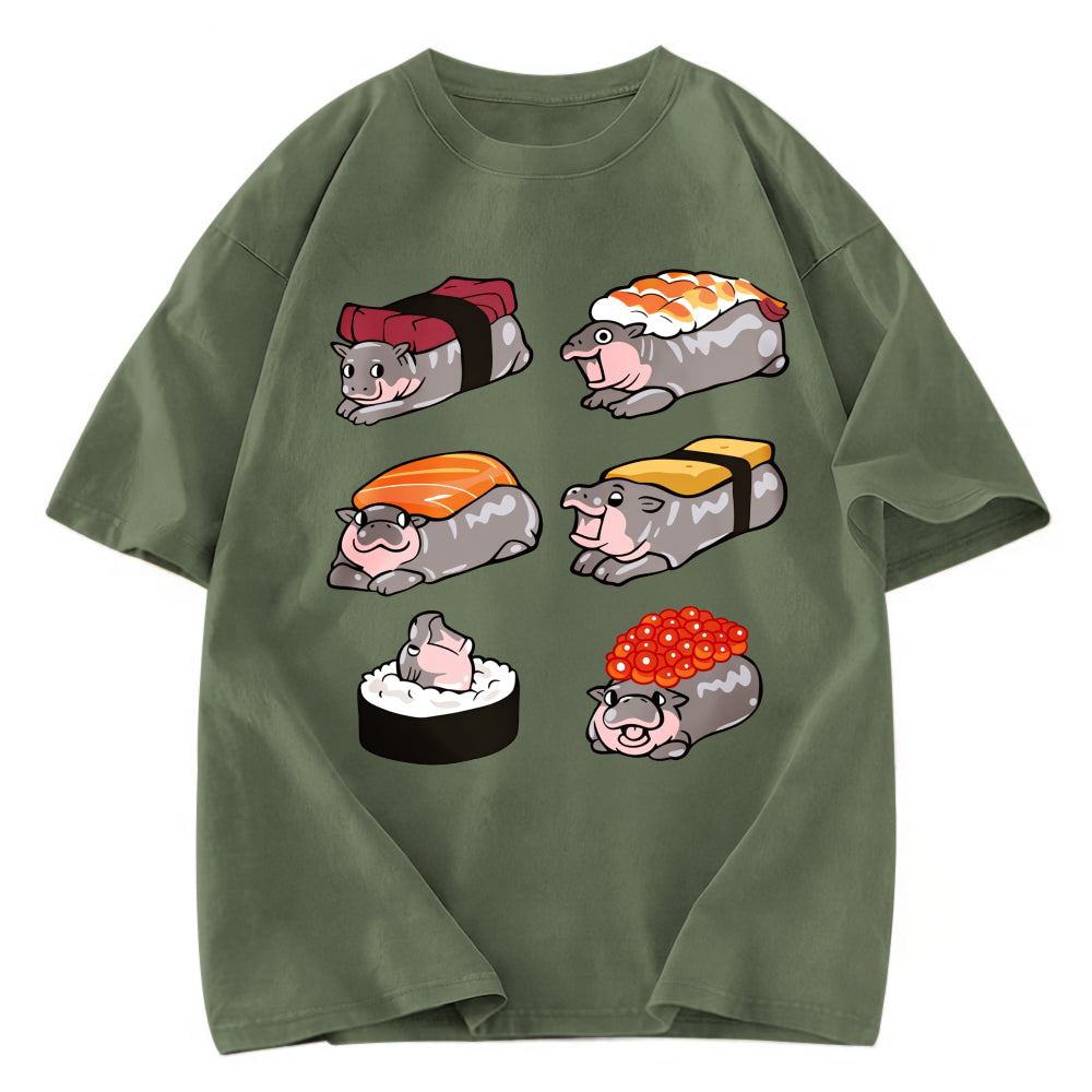 Tokyosol Cute Hippo Sushi Washed T Shirt Washed T Shirt