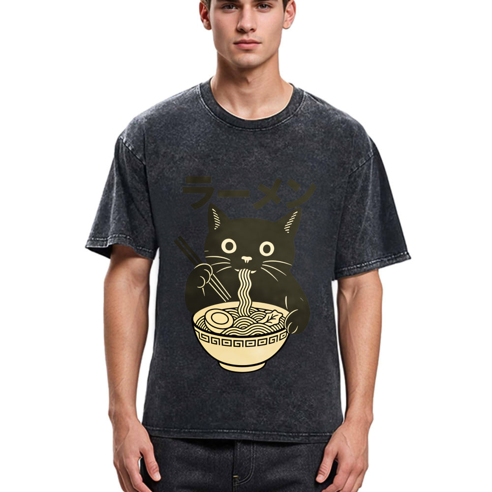 Tokyosol Simple Black Cat Eating Ramen Washed T Shirt