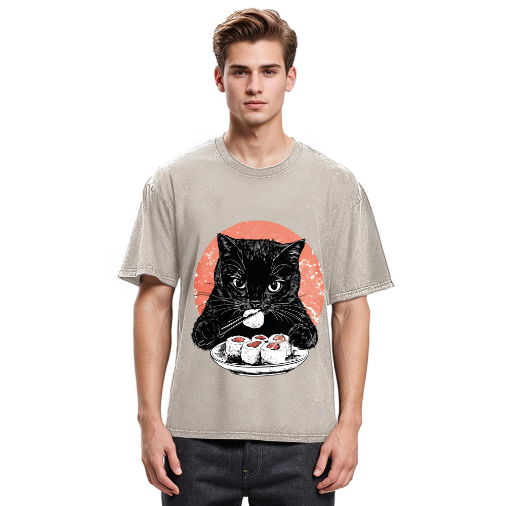 Tokyosol Cat Eating Delicious Sushi Washed T Shirt