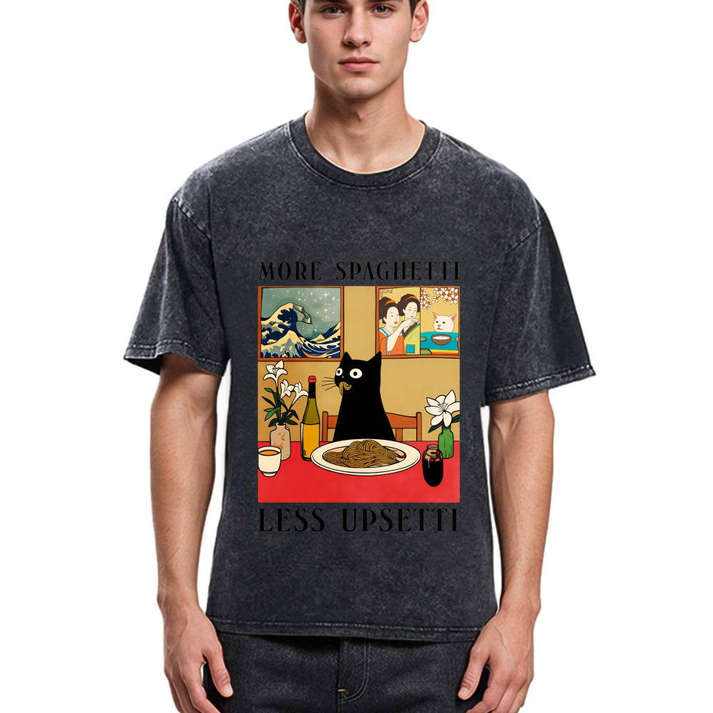 Tokyosol Cat Eating Pasta Washed T Shirt