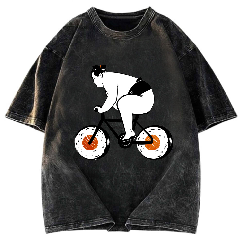 Tokyosol Sumo Riding A Sushi Bike Washed T Shirt