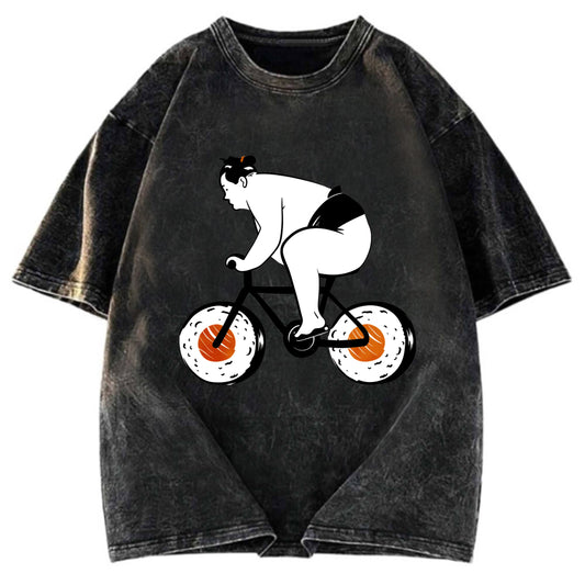 Tokyosol Sumo Riding A Sushi Bike Washed T Shirt