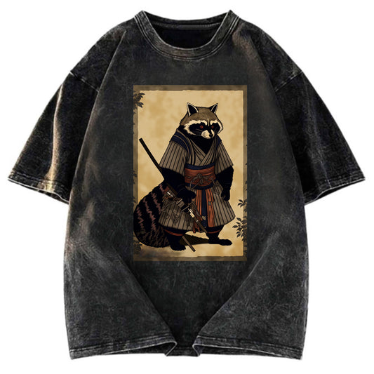 Tokyosol Japanese Raccoon Samurai Washed T Shirt