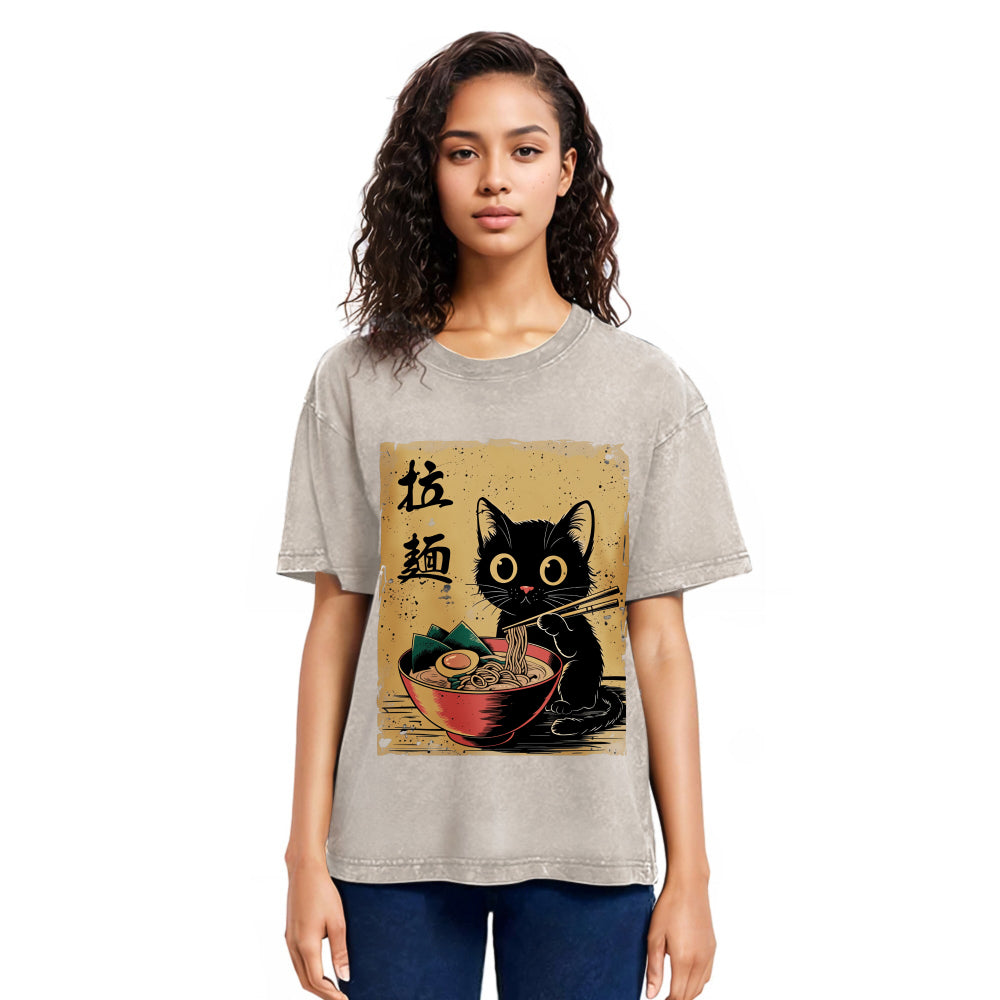 Tokyosol Retro Black Cat Eating Ramen Washed T Shirt