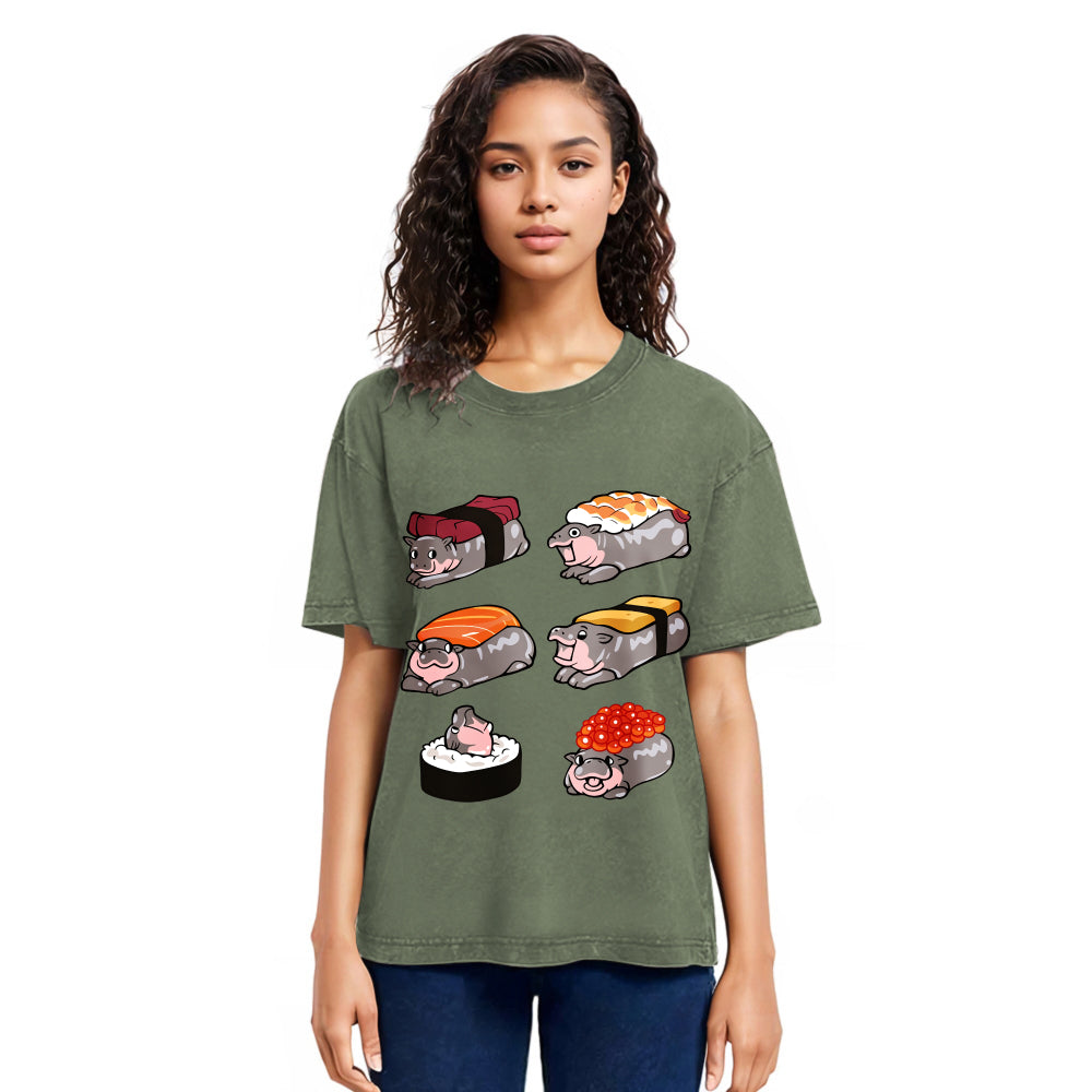 Tokyosol Cute Hippo Sushi Washed T Shirt Washed T Shirt