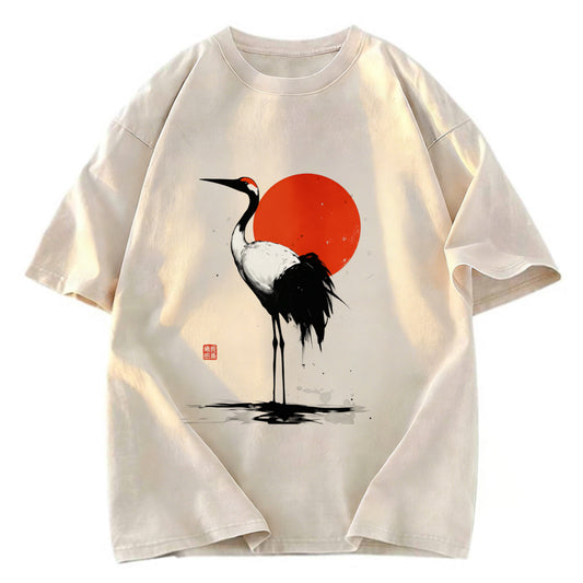 Tokyosol Retro Japanese Red Crowned Crane Washed T Shirt
