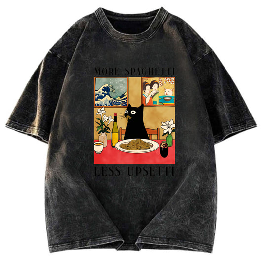Tokyosol Cat Eating Pasta Washed T Shirt