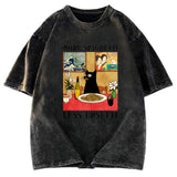 Tokyosol Cat Eating Pasta Washed T Shirt