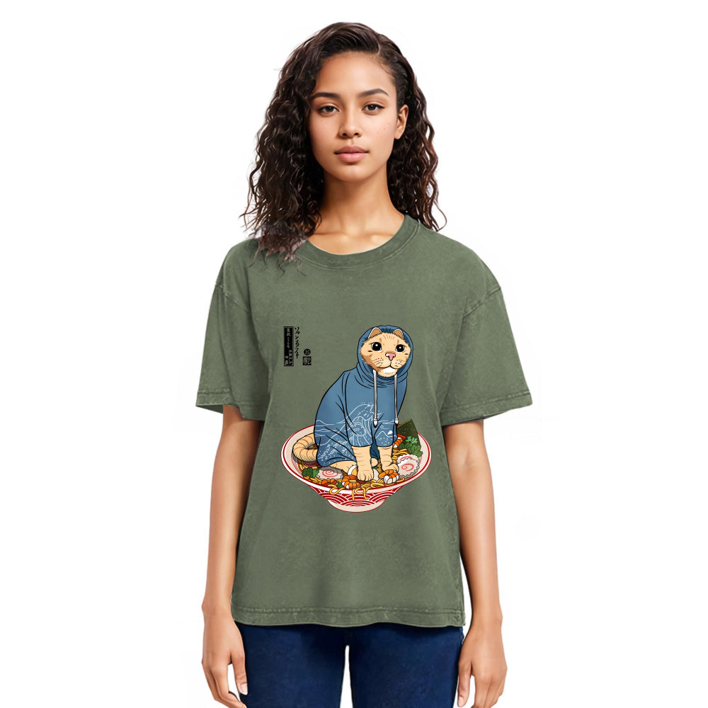 Tokyosol Japanese Cat On Ramen Washed T Shirt