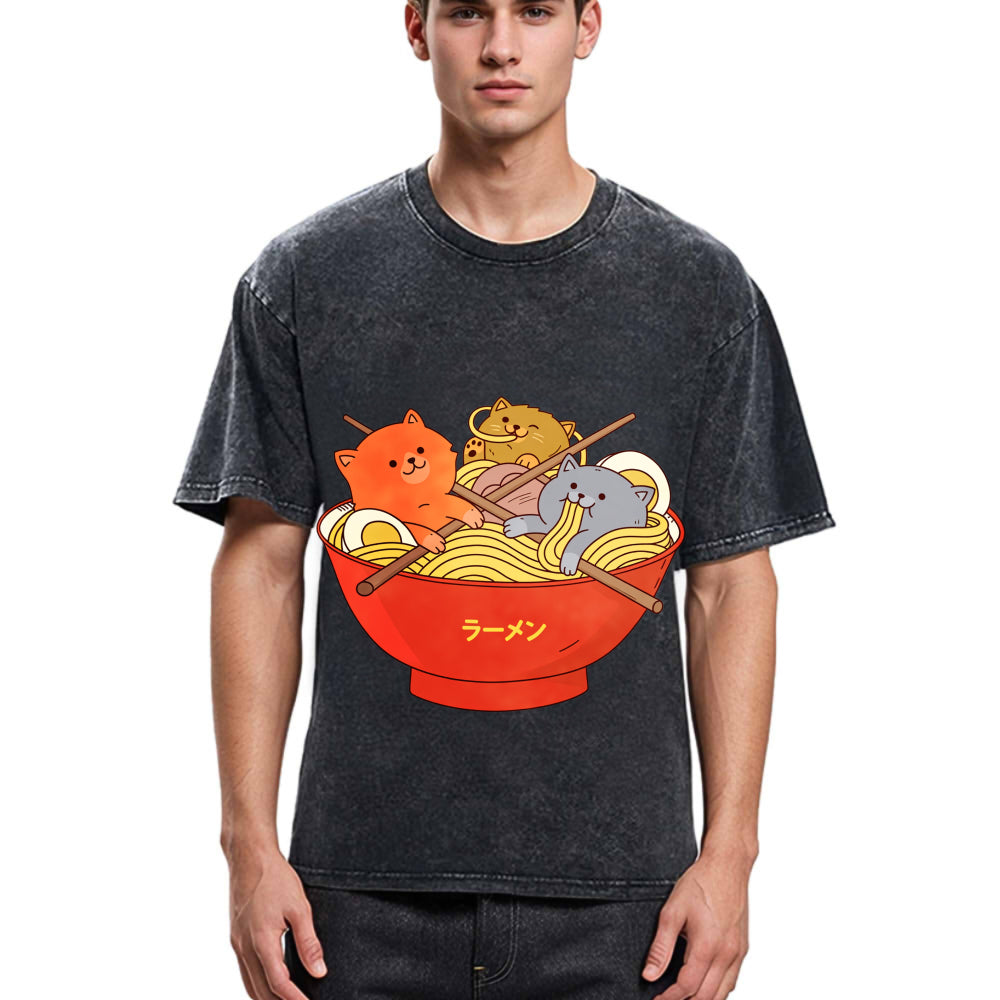 Tokyosol Cute Cat Ramen Washed T Shirt