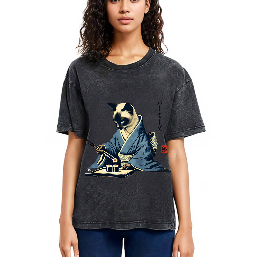 Tokyosol Cat In Kimono Eating Sushi Washed T Shirt