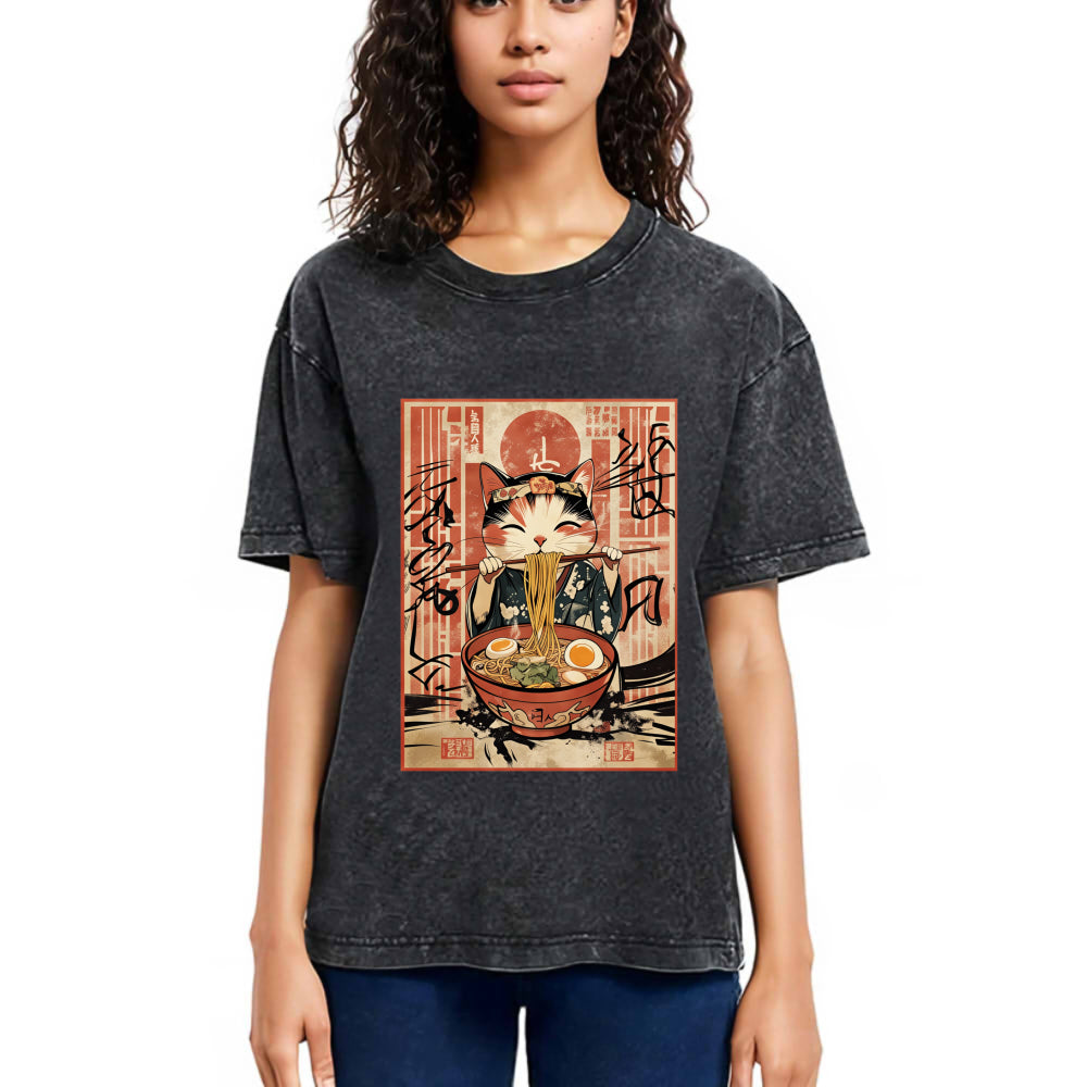 Tokyosol Kawaii Japanese Cute Ramen Cat Washed T Shirt
