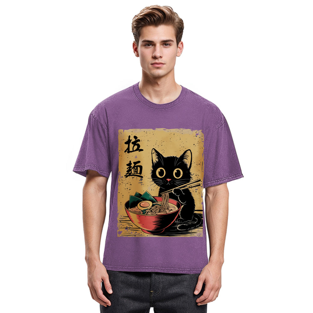 Tokyosol Retro Black Cat Eating Ramen Washed T Shirt