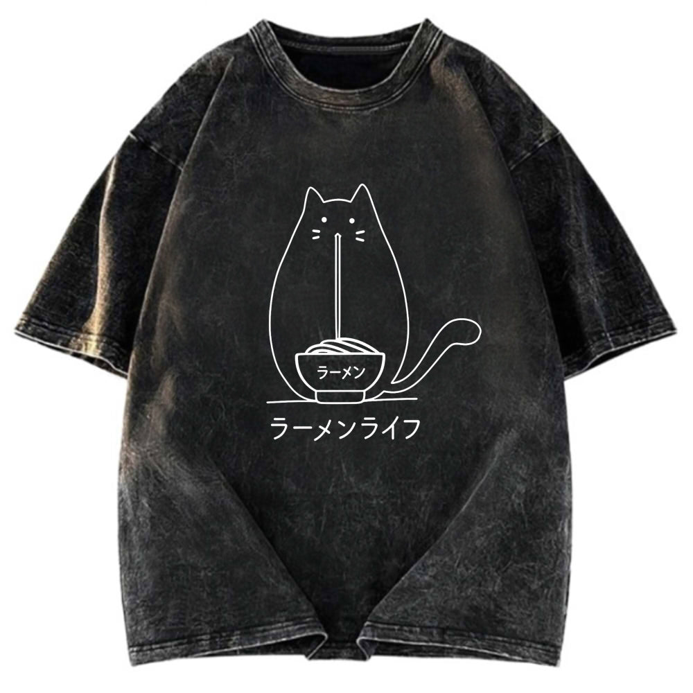 Tokyosol Ramen Cat Washed Zip T Shirt