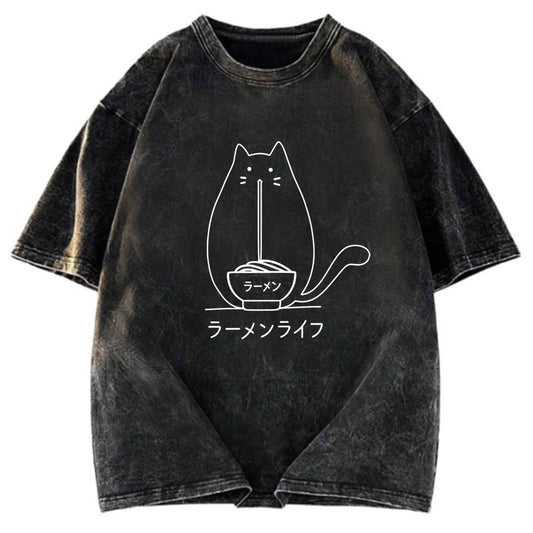 Tokyosol Ramen Cat Washed Zip T Shirt