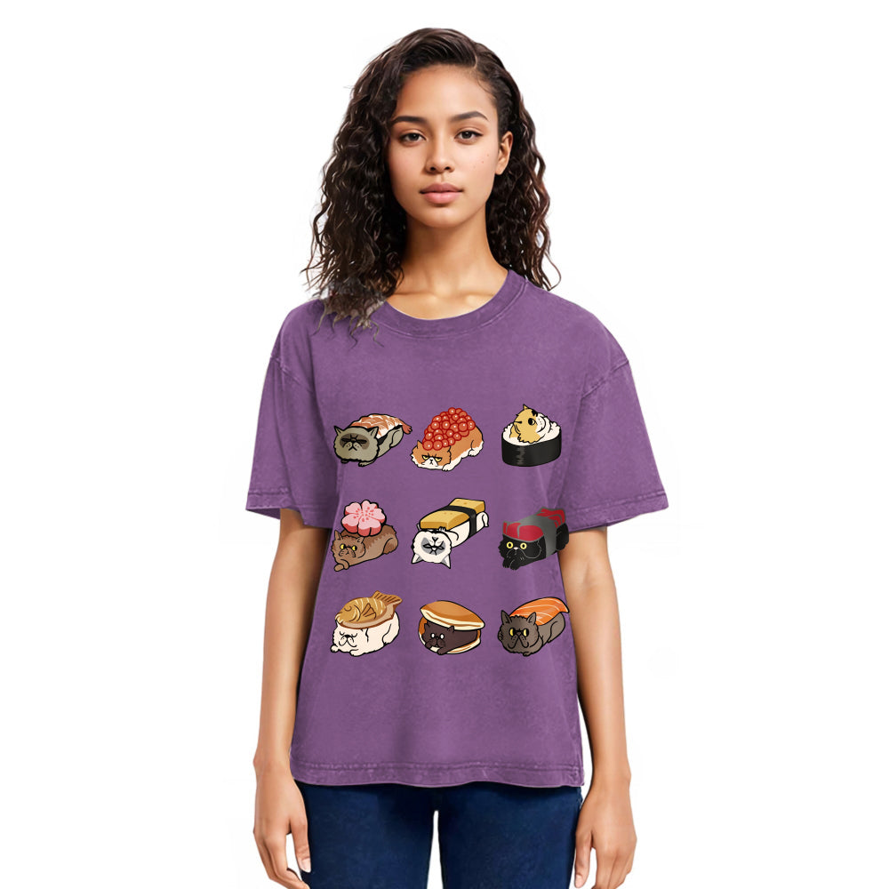 Tokyosol Cute Cat Sushi Washed T Shirt