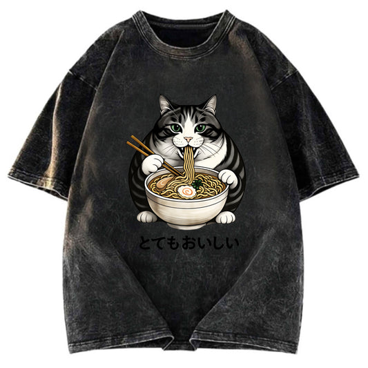 Tokyosol Fat Cat Eating Delicious Ramen Washed T Shirt
