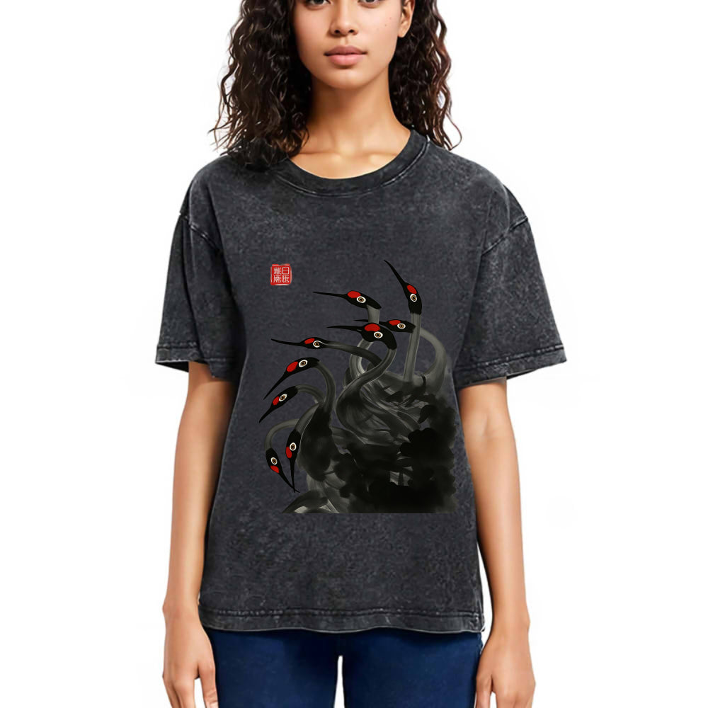 Tokyosol Retro Red Crowned Crane Washed T Shirt