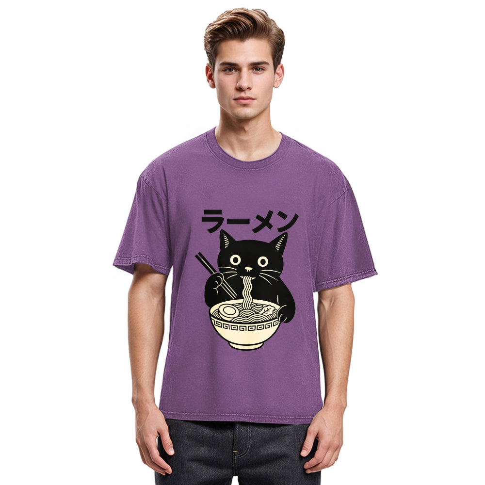 Tokyosol Simple Black Cat Eating Ramen Washed T Shirt