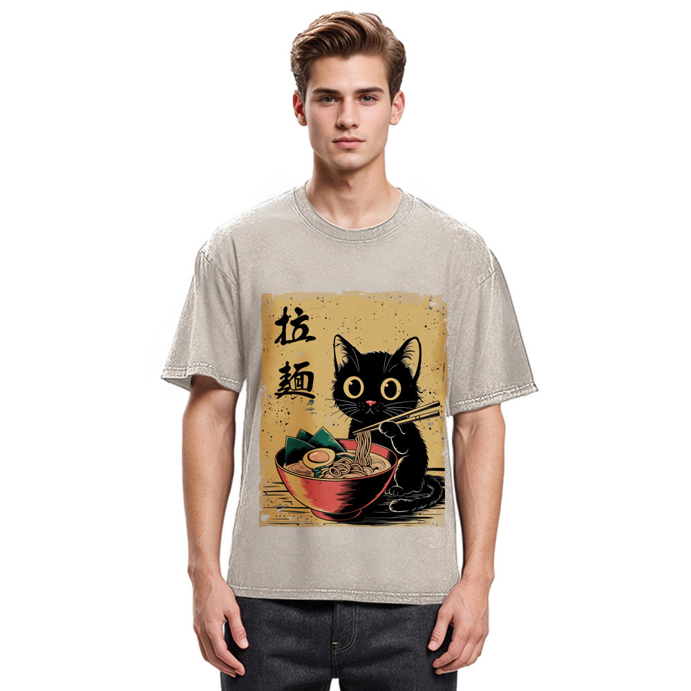 Tokyosol Retro Black Cat Eating Ramen Washed T Shirt