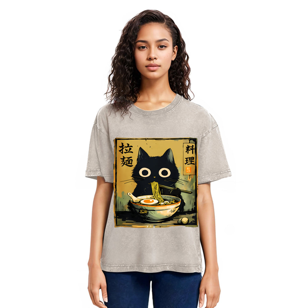 Tokyosol Cute Black Cat Eating Ramen Washed T-Shirt
