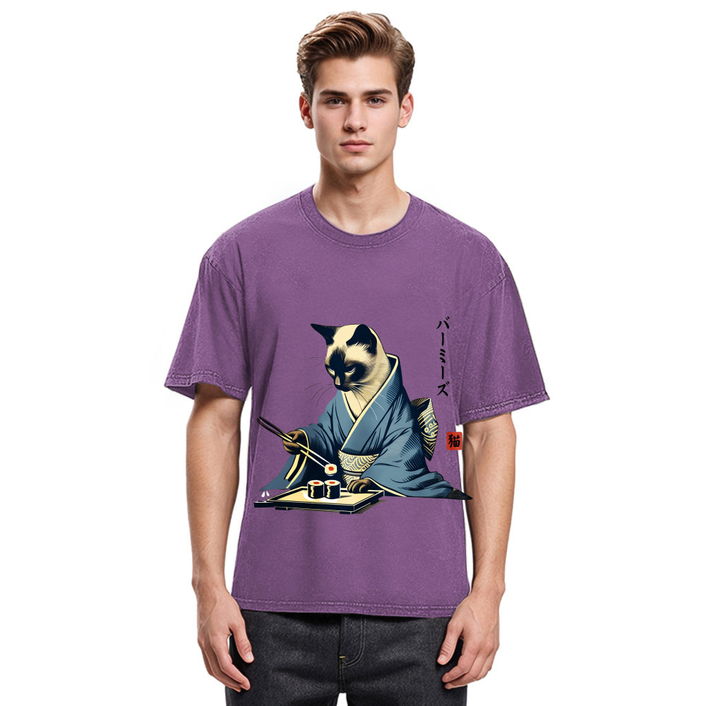 Tokyosol Cat In Kimono Eating Sushi Washed T Shirt