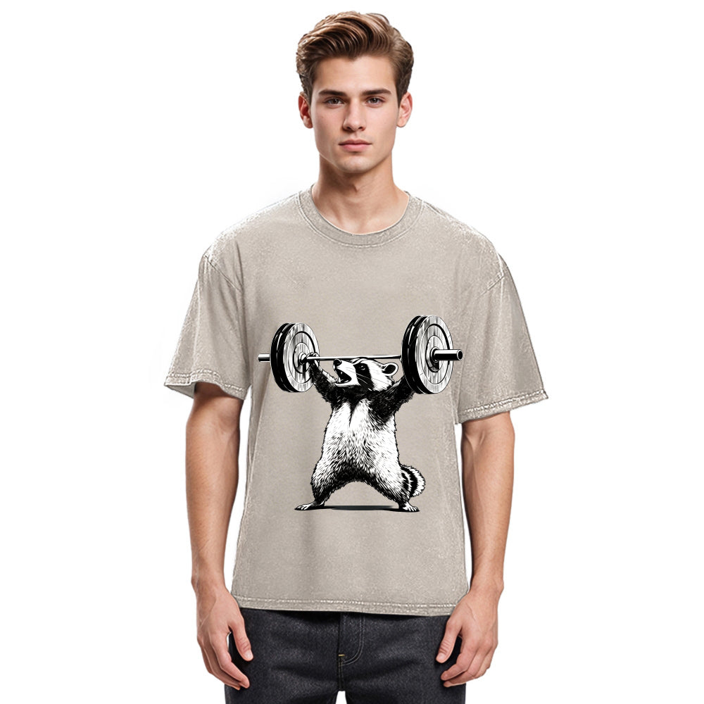 Tokyosol Raccoon Weightlifting Funny Washed T Shirt