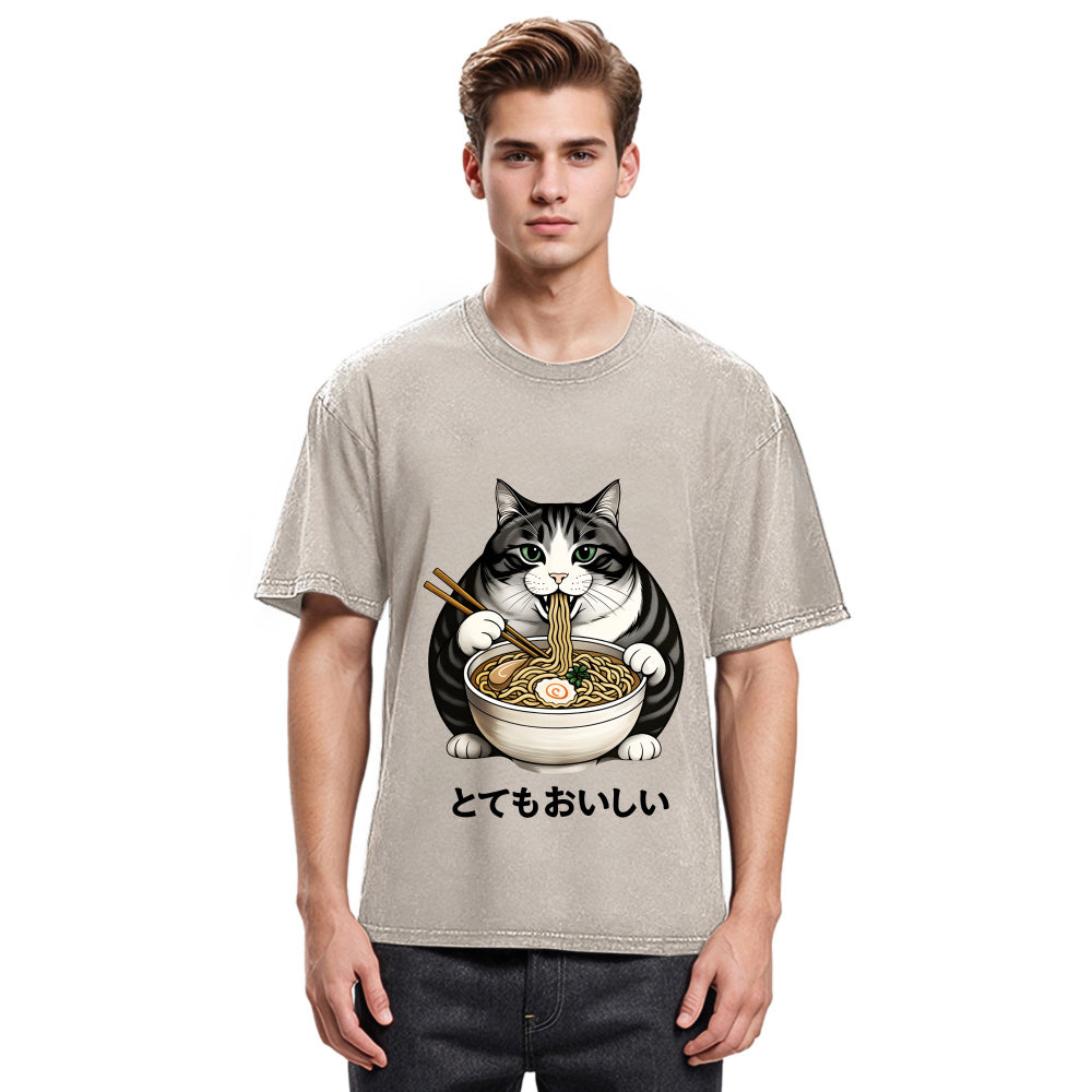 Tokyosol Fat Cat Eating Delicious Ramen Washed T Shirt