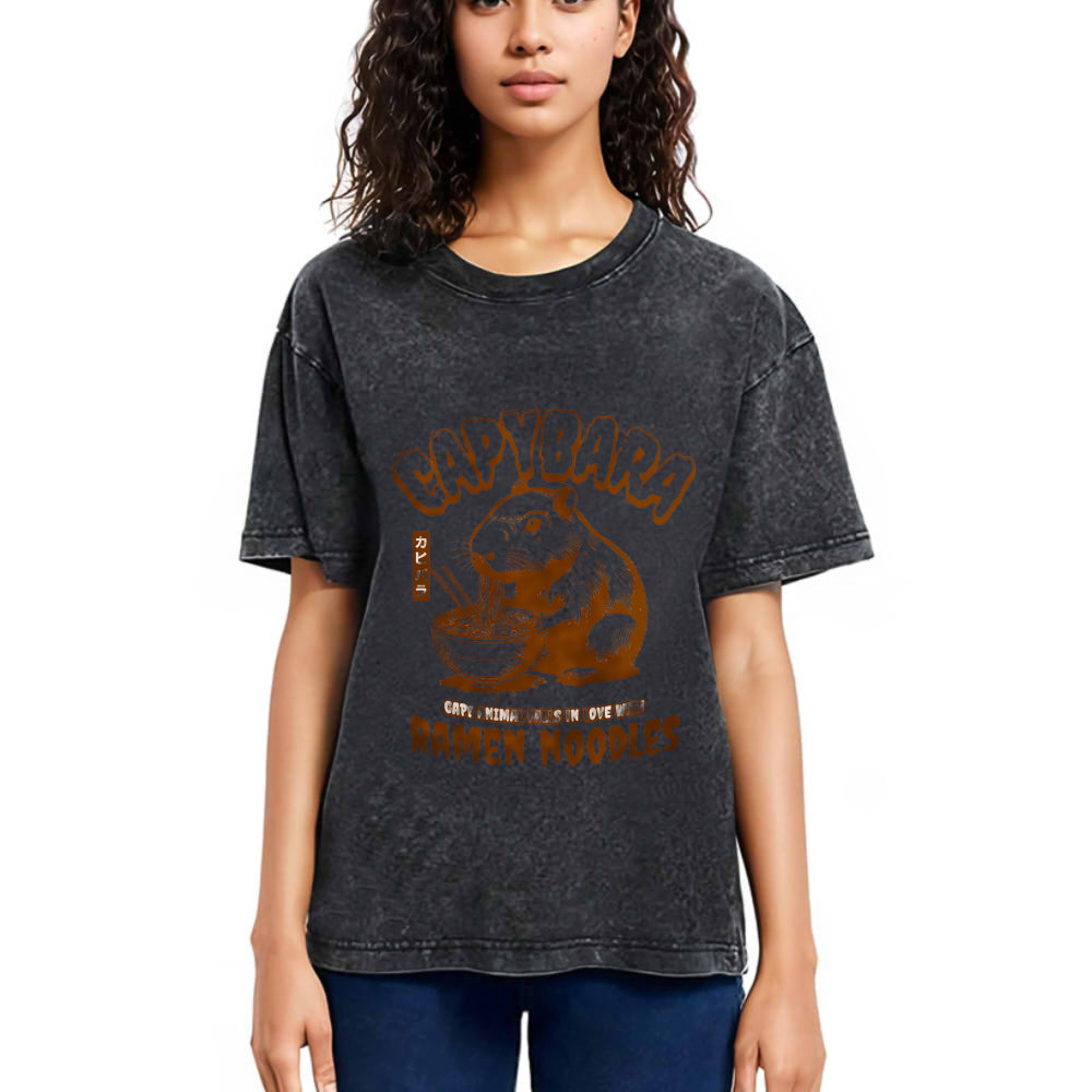 Tokyosol Retro Capybara Eating Ramen Washed T Shirt