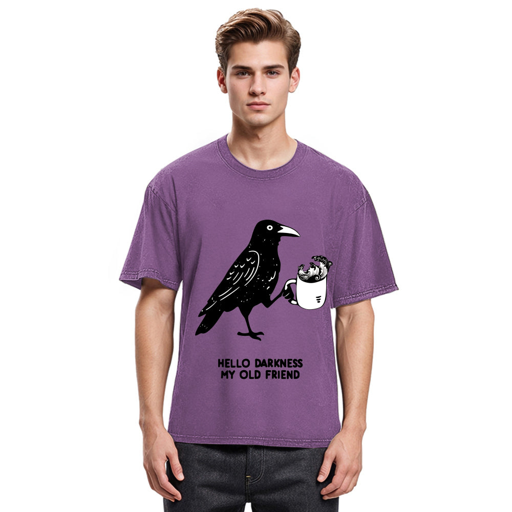 Tokyosol Crow Drinking Black Coffee Funny Washed T Shirt