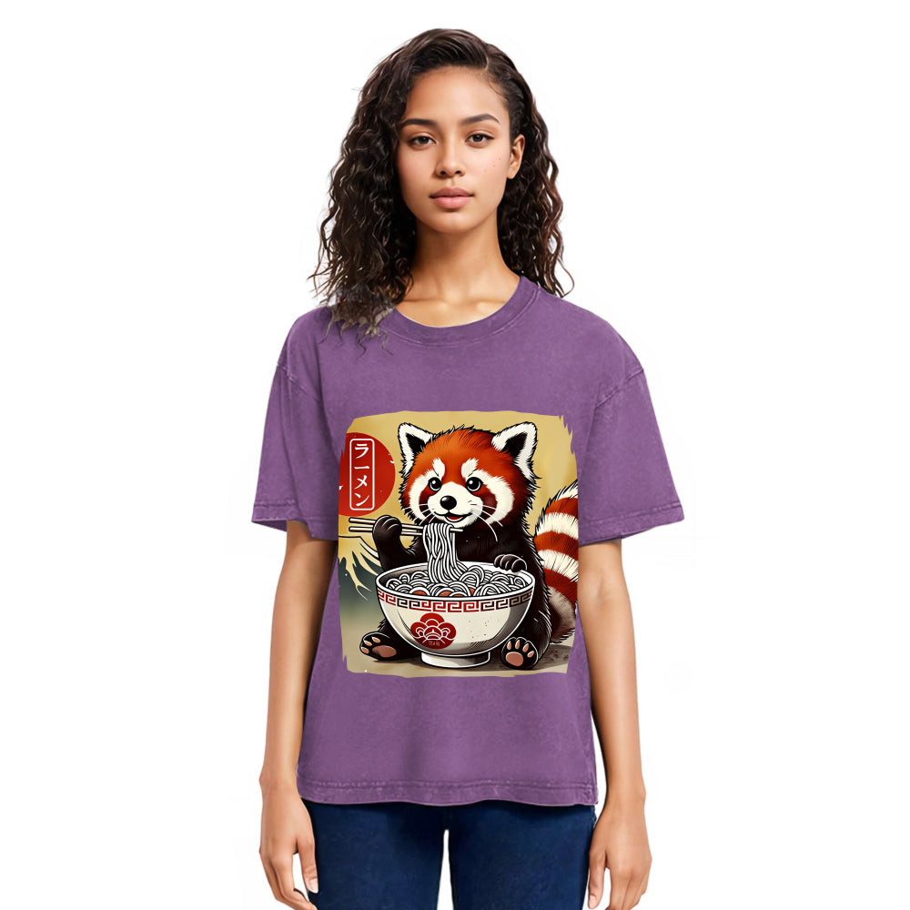 Tokyosol Cute Raccoon Eating Ramen Washed T Shirt