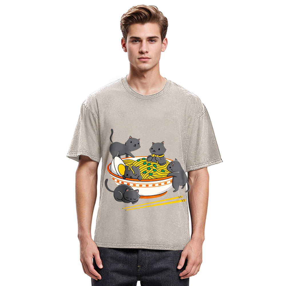 Tokyosol Kawaii Anime Cat Japanese Ramen Washed T Shirt