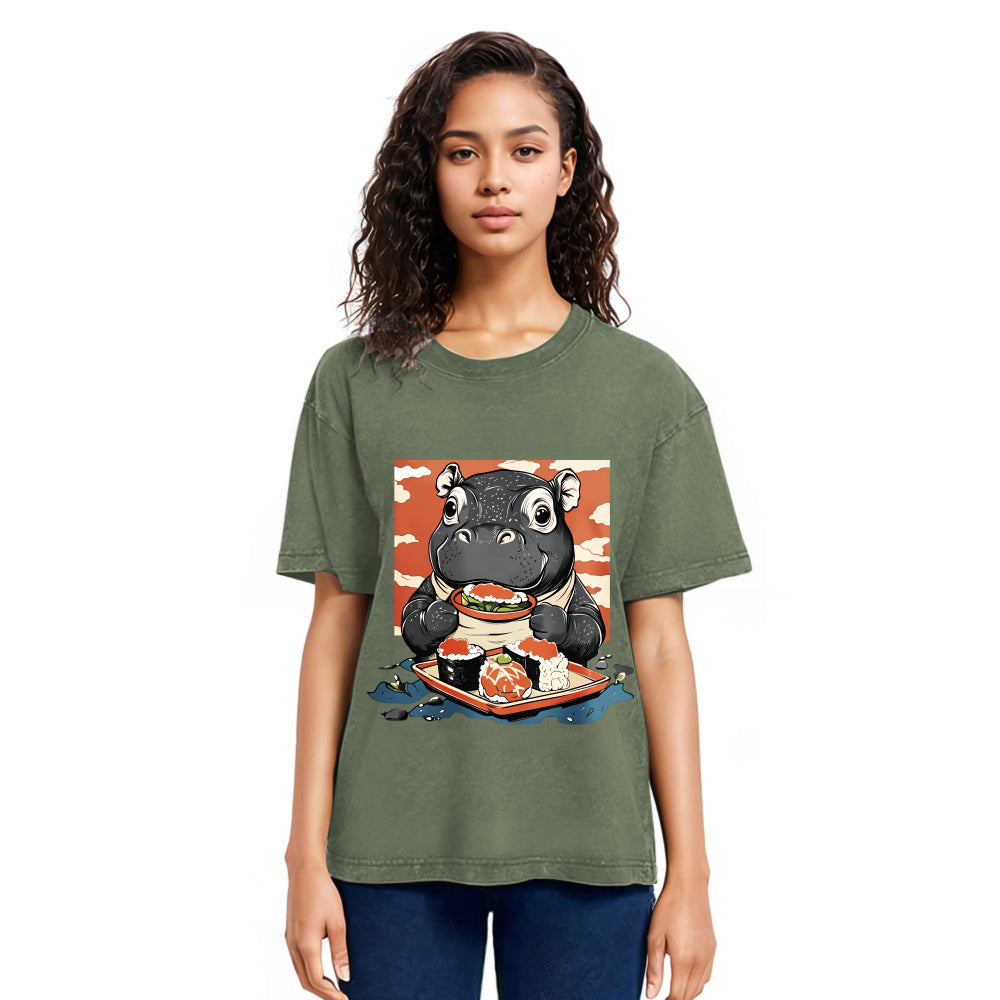 Tokyosol Moo Deng Eat Sushi Washed T Shirt