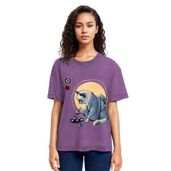 Tokyosol Cute Japanese Sushi Cat Washed T Shirt