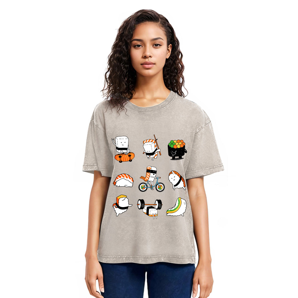Tokyosol Cute Sports Sushi Washed T Shirt
