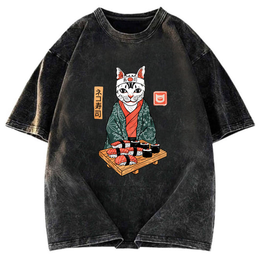 Tokyosol Neko Sushi Japan Culture Creative Washed T Shirt