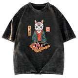 Tokyosol Neko Sushi Japan Culture Creative Washed T Shirt