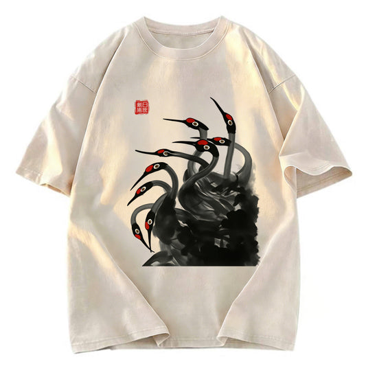 Tokyosol Retro Red Crowned Crane Washed T Shirt