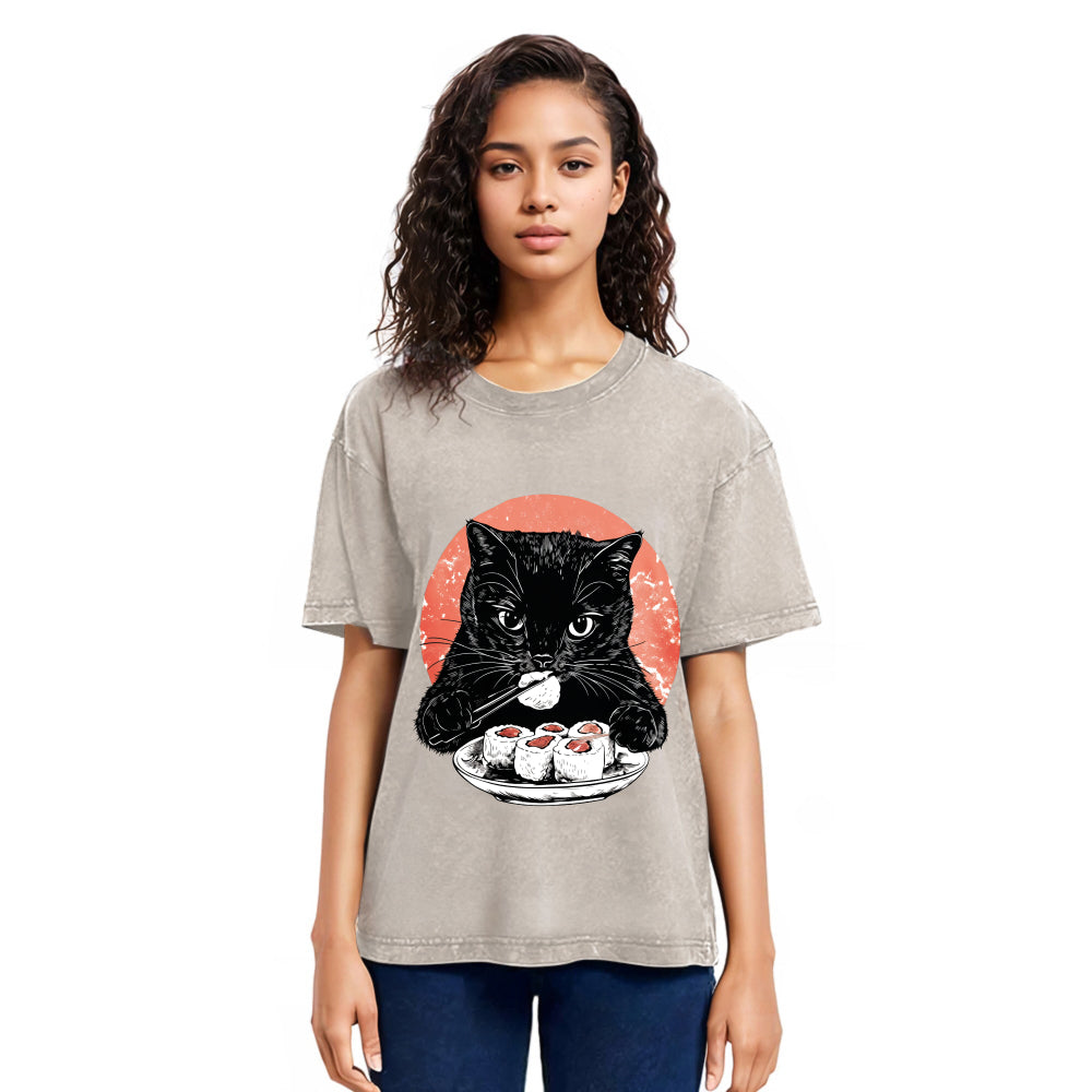Tokyosol Cat Eating Delicious Sushi Washed T Shirt
